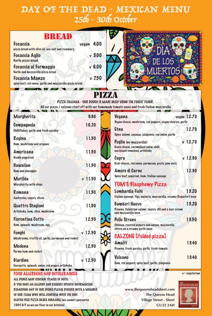 Day Of the Dead - The Queens Head Pub Sheet Petersfield Hampshire - Pubs Near Petersfield - Takeaway Pizza - Pizzas - Cask Ales & Excellent Food