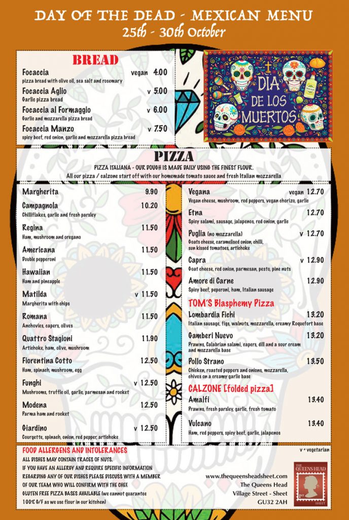 Day Of The Dead - The Queens Head Pub Sheet Petersfield Hampshire - Pubs Near Petersfield - Takeaway Pizza - Pizzas - Cask Ales & Excellent Food