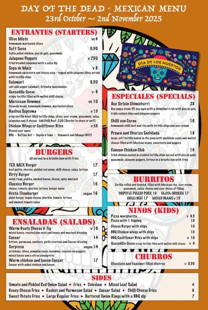 Day Of The Dead Menu - Queens Head Pub Sheet Petersfield Hampshire - Grill & Pizza Pubs Petersfield Restaurant - Cask Ales & Excellent Food