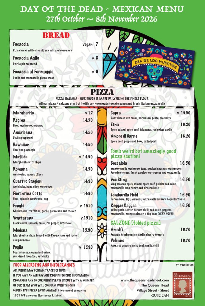 Day Of The Dead 2026 - The Queens Head Pub Sheet Petersfield Hampshire - Pubs Near Petersfield - Takeaway Pizza - Pizzas - Cask Ales & Excellent Food